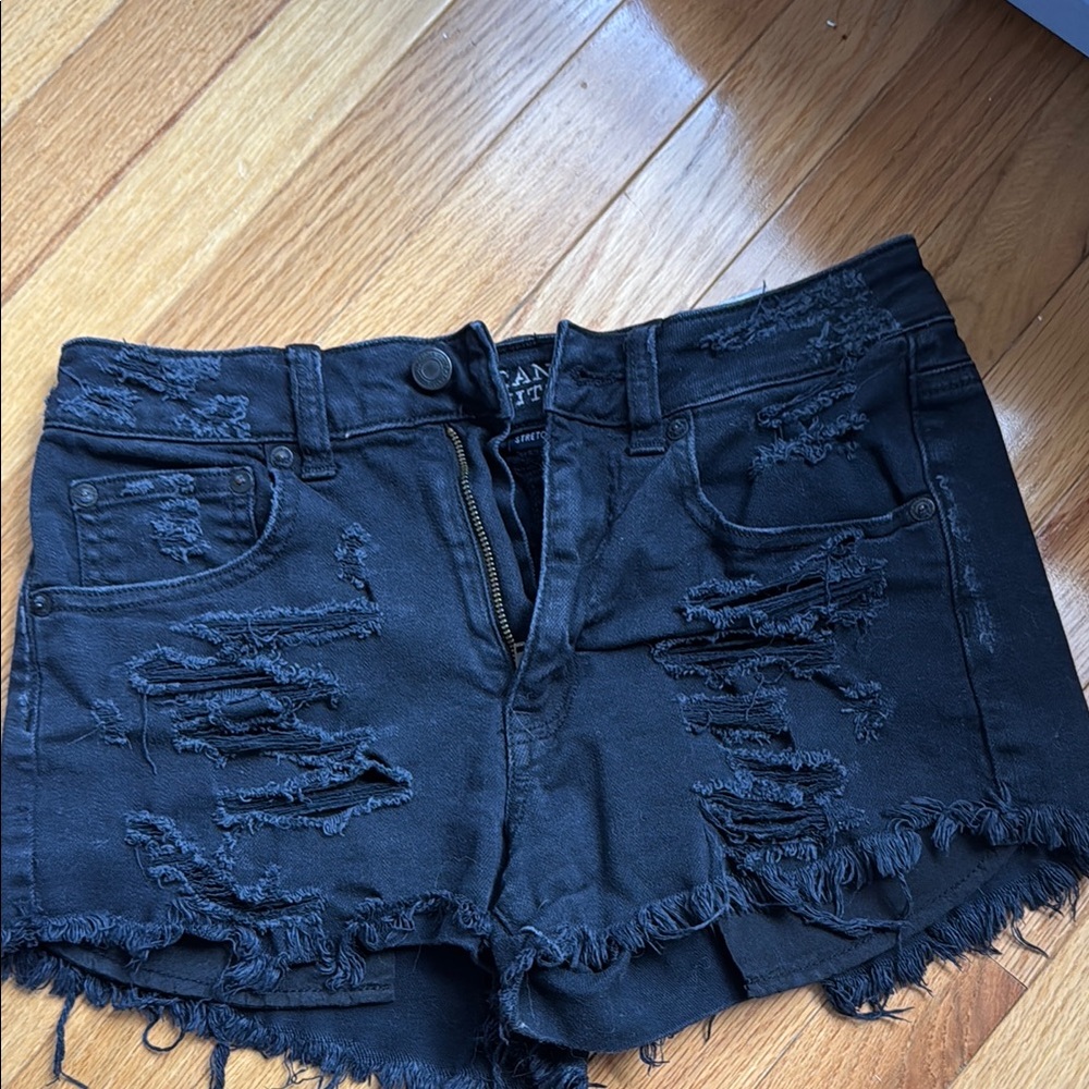 Distressed Black Denim Shorts